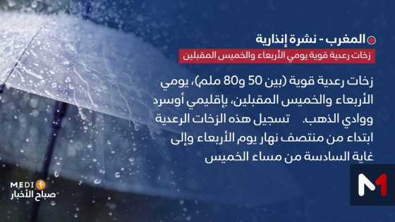 نشرة إنذارية: زخات رعدية قوية بعدد من مناطق المملكة