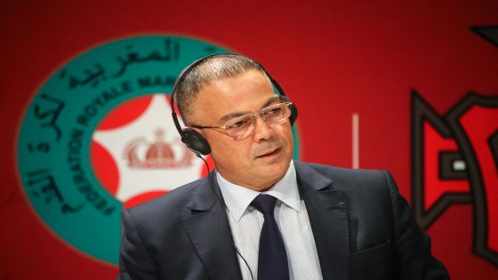 Football Federation chief of Morocco Faouzi Lakjaa speaks alongside his Spanish and Portuguese counterparts (not pictured) during a signing ceremony of the letter of intent, a key step in the candidacy process for hosting the World Cup 2030, in Rabat on October 28, 2023. (Photo by AFP)
