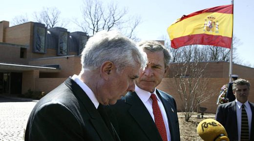 President George W. Bush talks with Spanish Ambassador Javier Ruperez after laying a wreath for the victims of the railway bombings in Spain at the ambassador's residence. (Photo by Brooks Kraft LLC/Corbis via Getty Images)