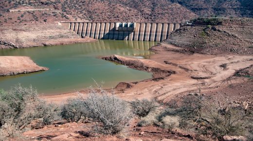 This picture shows a view of the Abdelmoumen dam, some 60 kilometres from Morocco's coastal city of Agadir, on October 23, 2020. - The Moroccan authorities have diverted water from the dams that irrigated farms to residential areas, in order to guarantee a supply to nearly a million people, as drought bites increasingly hard. Water levels in reservoirs stood at an average of 37 percent of capacity at the end of October, down from nearly 46 percent from a year ago. But around Agadir, the capital of the Souss-Massa region and rich in citrus fruits and seasonal vegetables, water levels are even lower. (Photo by FADEL SENNA / AFP)