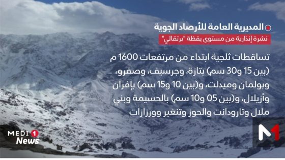 نشرة إنذارية: تساقطات ثلجية وأمطار قوية وهبات رياح بعدد من مناطق المملكة